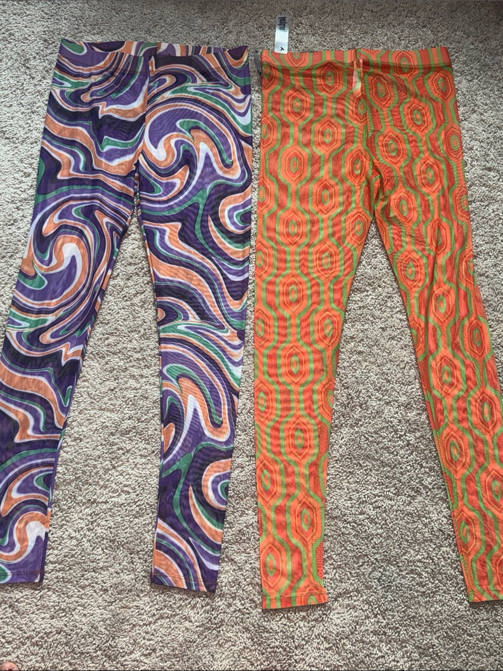 Fashion Nova mesh Patterned Leggings Duo - Purple Swirl & Orange Geo